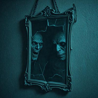 The primary subject of the image is a mirror with a reflection of two scary faces. The setting is a dark room, and the visual style appears to be a photo. The dominant colors are blue and black, creating a moody atmosphere.